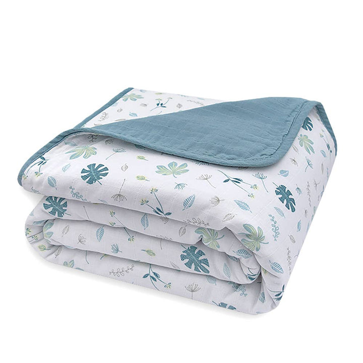 Organic Muslin Cot Blanket - Banana Leaf/Teal